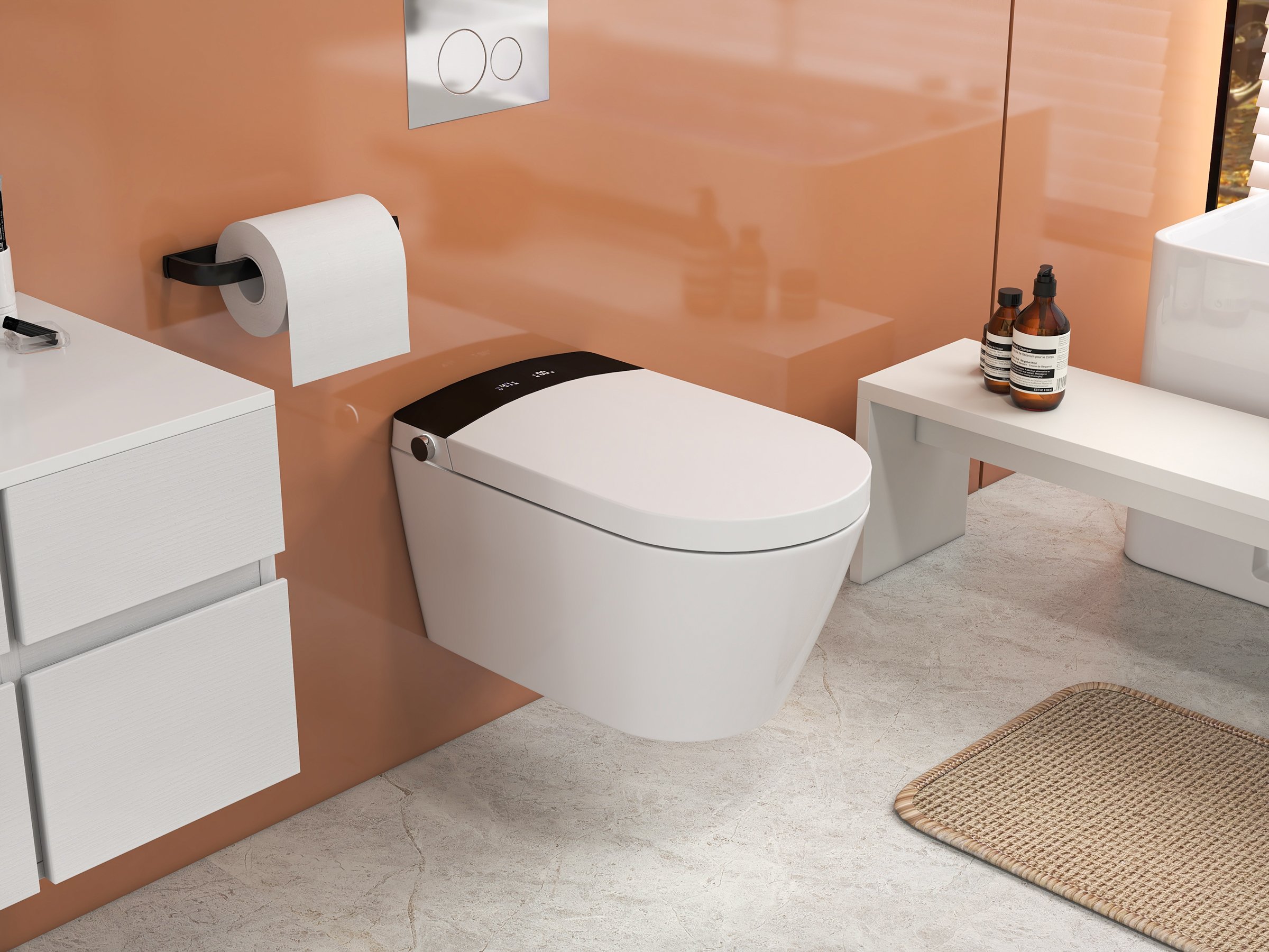 HMR Modern Floating Bathroom Vanity Set with Faux Marble Top & Double Ceramic with Vessel Sink - White, 31.5"