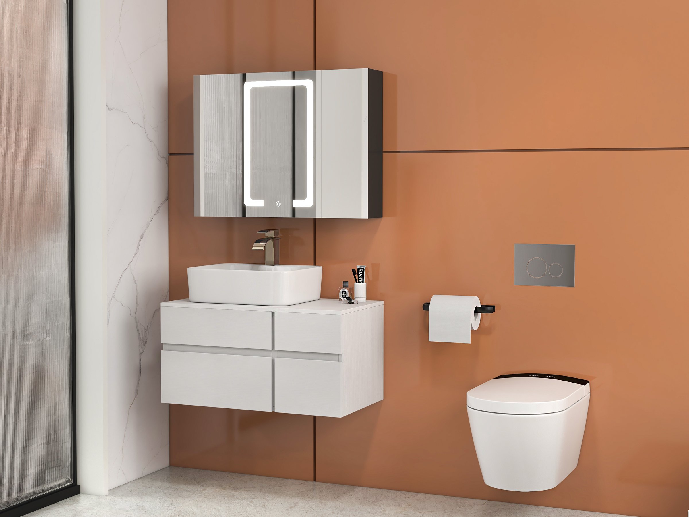 HMR Modern Floating Bathroom Vanity Set with Faux Marble Top & Double Ceramic with Vessel Sink - White, 31.5"