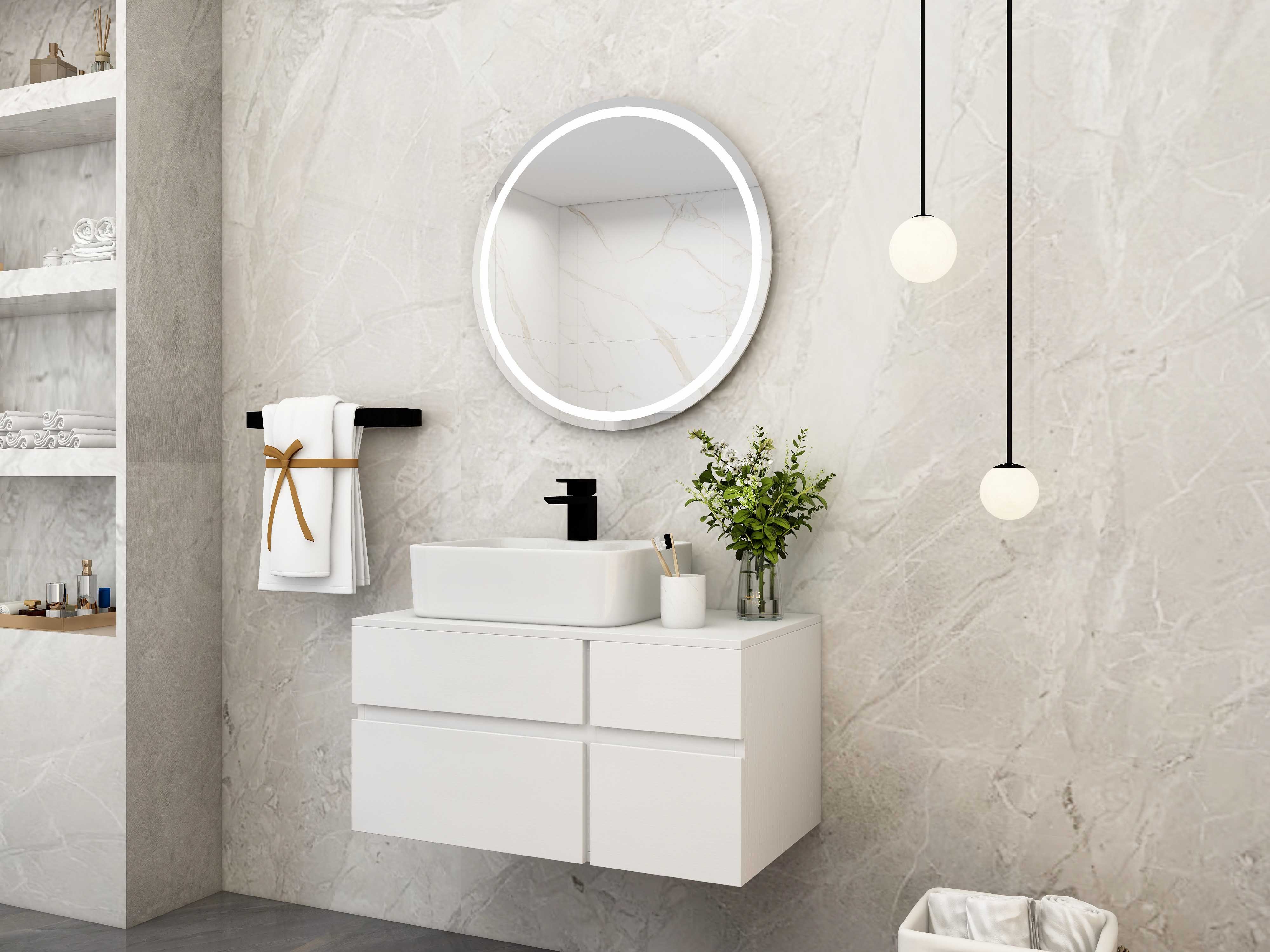 HMR Modern Floating Bathroom Vanity Set with Faux Marble Top & Double Ceramic with Vessel Sink - White, 31.5"