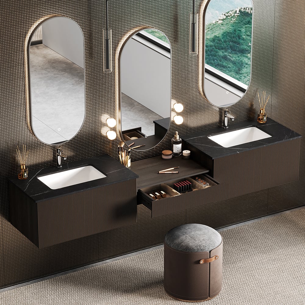 HMR - Bathroom Vanity Set 85" Modern Floating Bathroom Vanity Walnut with Double Sinks