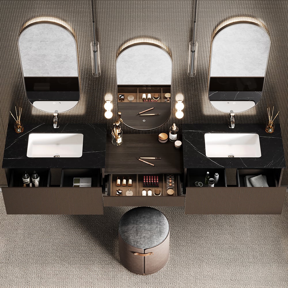 HMR - Bathroom Vanity Set 85" Modern Floating Bathroom Vanity Walnut with Double Sinks