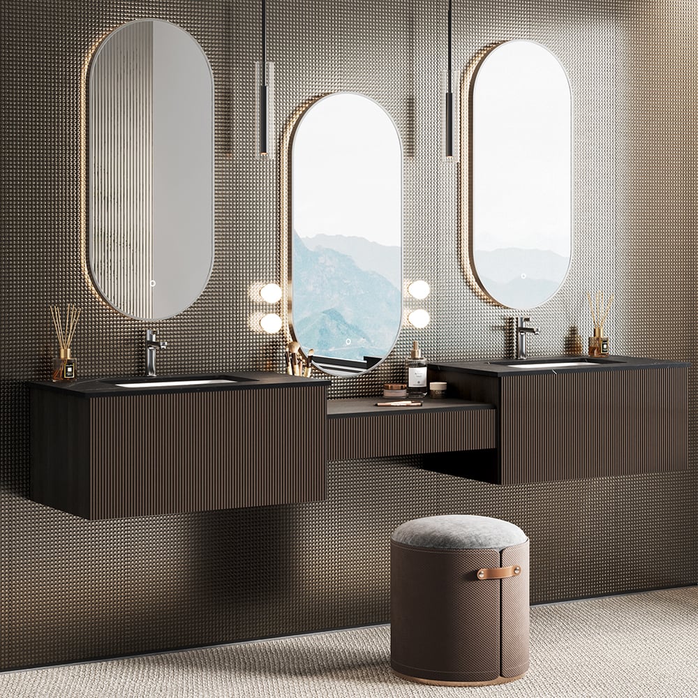 HMR - Bathroom Vanity Set 85" Modern Floating Bathroom Vanity Walnut with Double Sinks