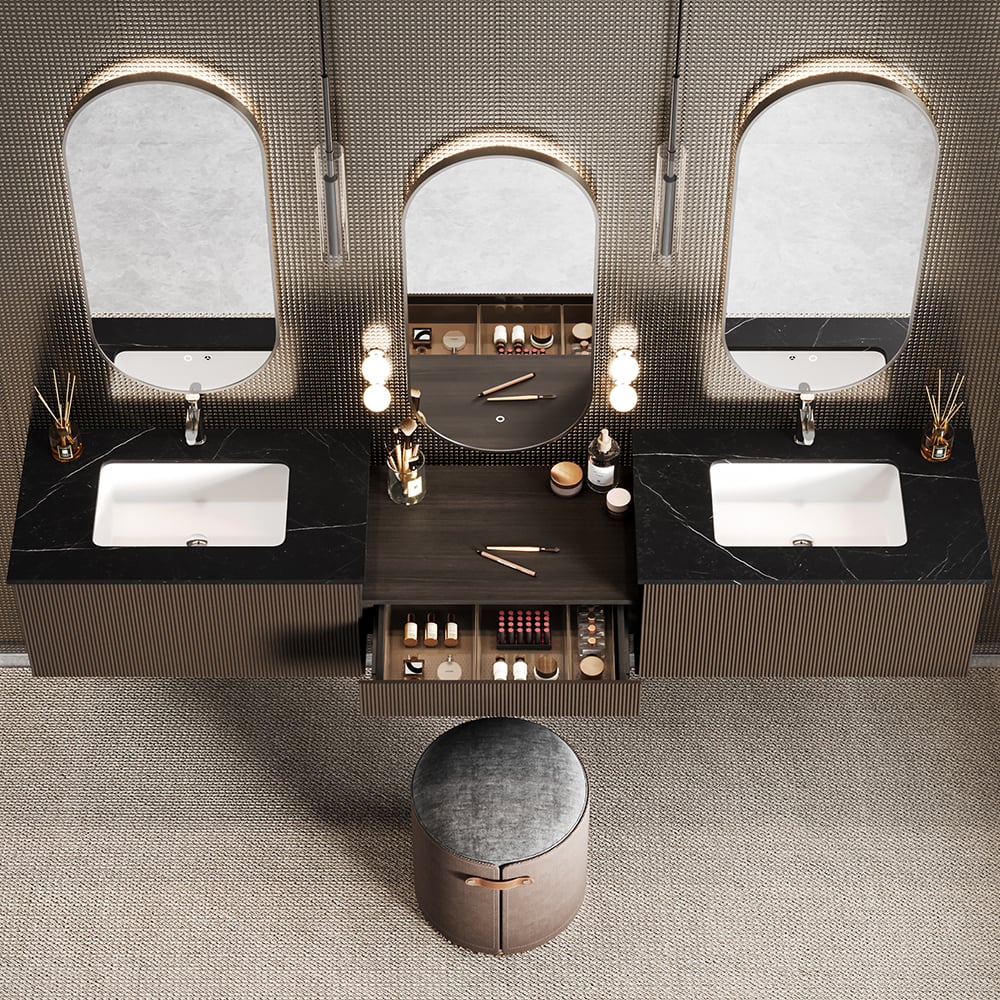 HMR - Bathroom Vanity Set 85" Modern Floating Bathroom Vanity Walnut with Double Sinks