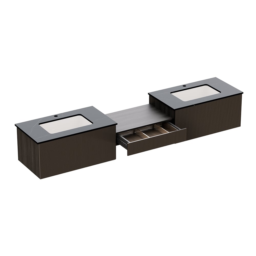 HMR - Bathroom Vanity Set 85" Modern Floating Bathroom Vanity Walnut with Double Sinks
