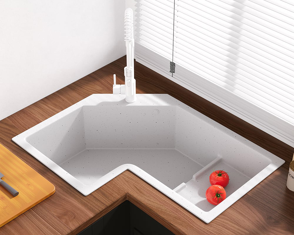 HMR 32" Modern Drop In Corner Kitchen Sink Single Bowl Quartz Irregular - White, Right Corner