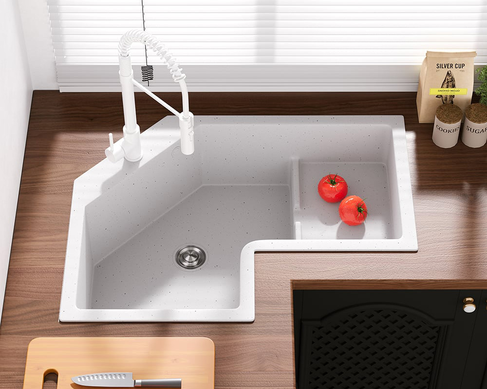 HMR 32" Modern Drop In Corner Kitchen Sink Single Bowl Quartz Irregular - White, Right Corner