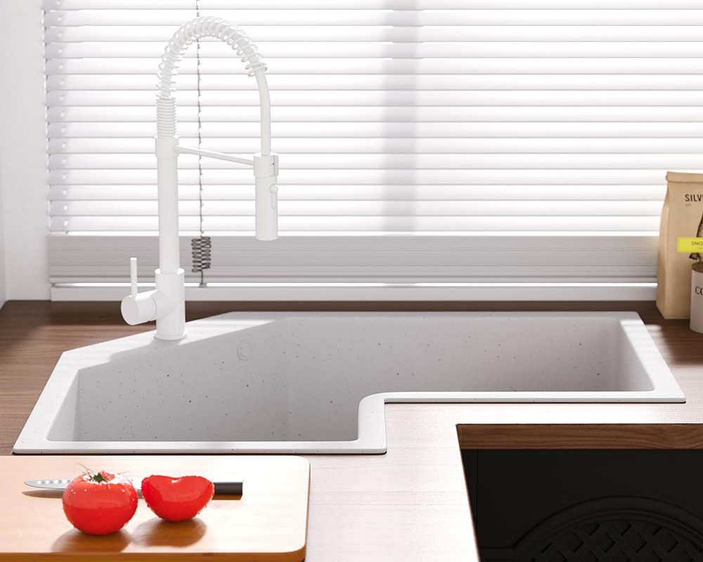 HMR 32" Modern Drop In Corner Kitchen Sink Single Bowl Quartz Irregular - White, Right Corner