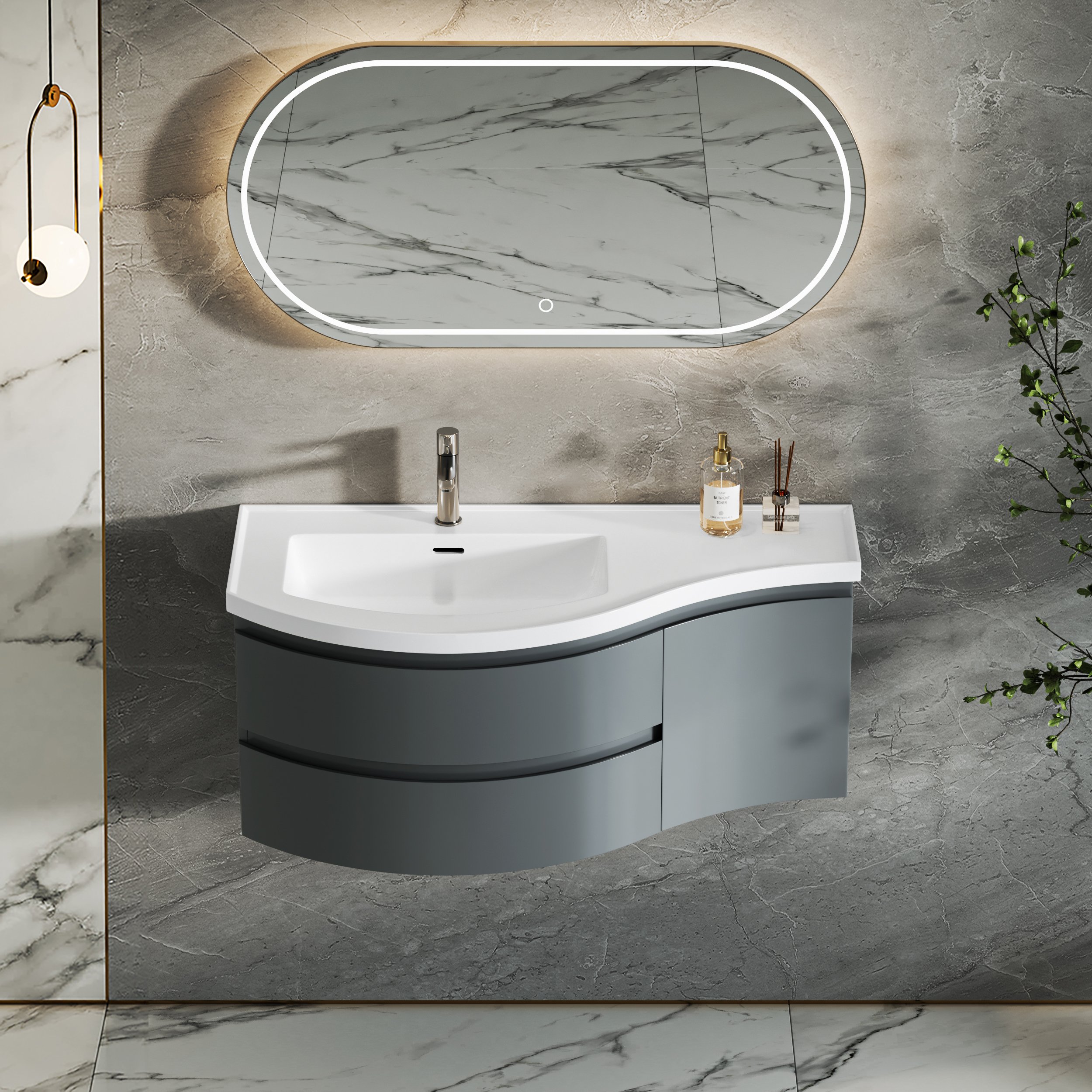 HMR 35" Floating Curved Bathroom Vanity Half-Circle Bathroom Cabinet - Gray Blue