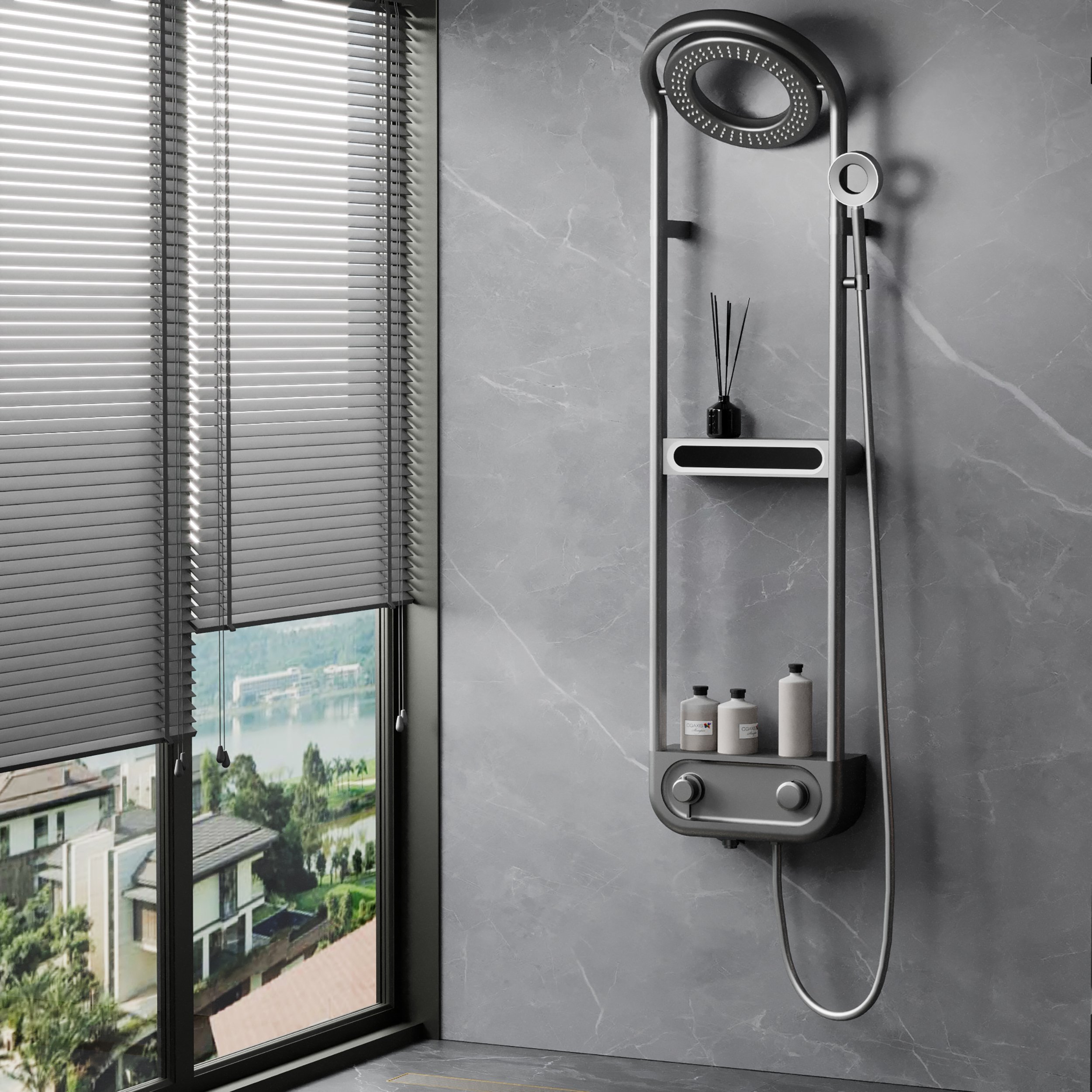 HMR - 360° Rotating Thermostatic Shower System Set with LED Display and Storage Shelf