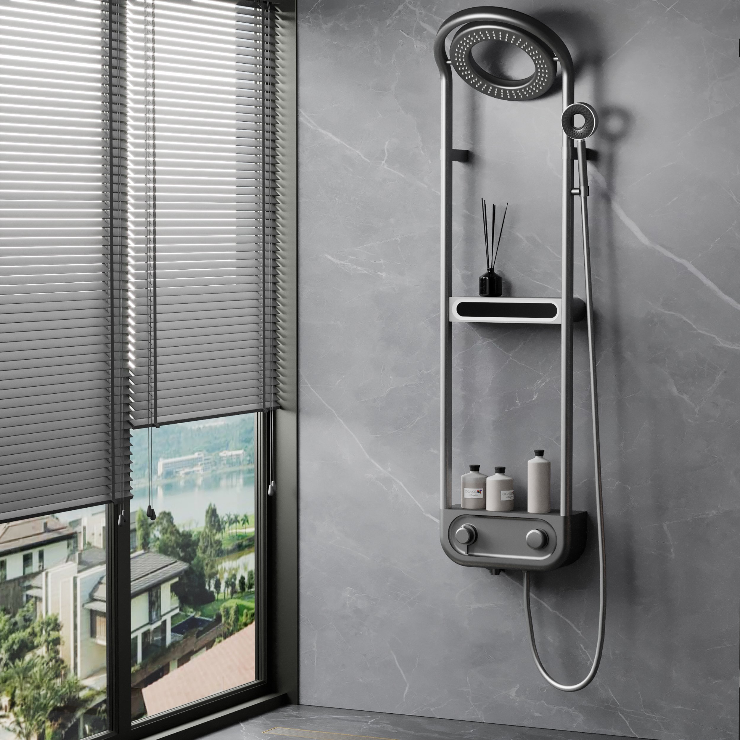 HMR - 360° Rotating Thermostatic Shower System Set with LED Display and Storage Shelf