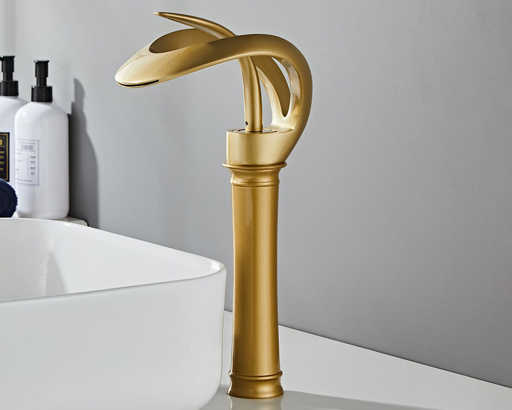 HMR Modern Elegant Waterfall Bathroom Vessel Sink Faucet Single Handle Solid Brass - Gold