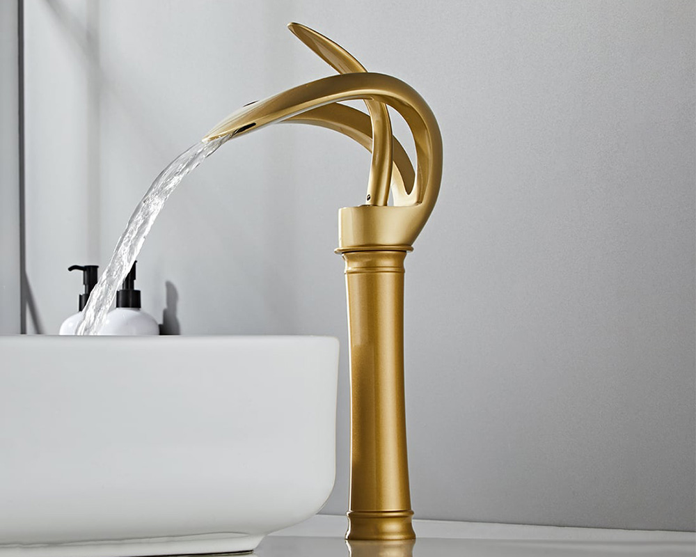 HMR Modern Elegant Waterfall Bathroom Vessel Sink Faucet Single Handle Solid Brass - Gold