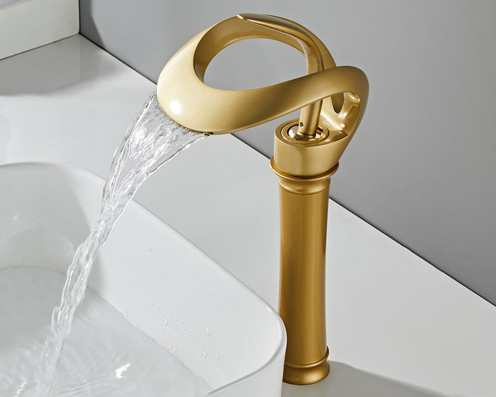 HMR Modern Elegant Waterfall Bathroom Vessel Sink Faucet Single Handle Solid Brass - Gold