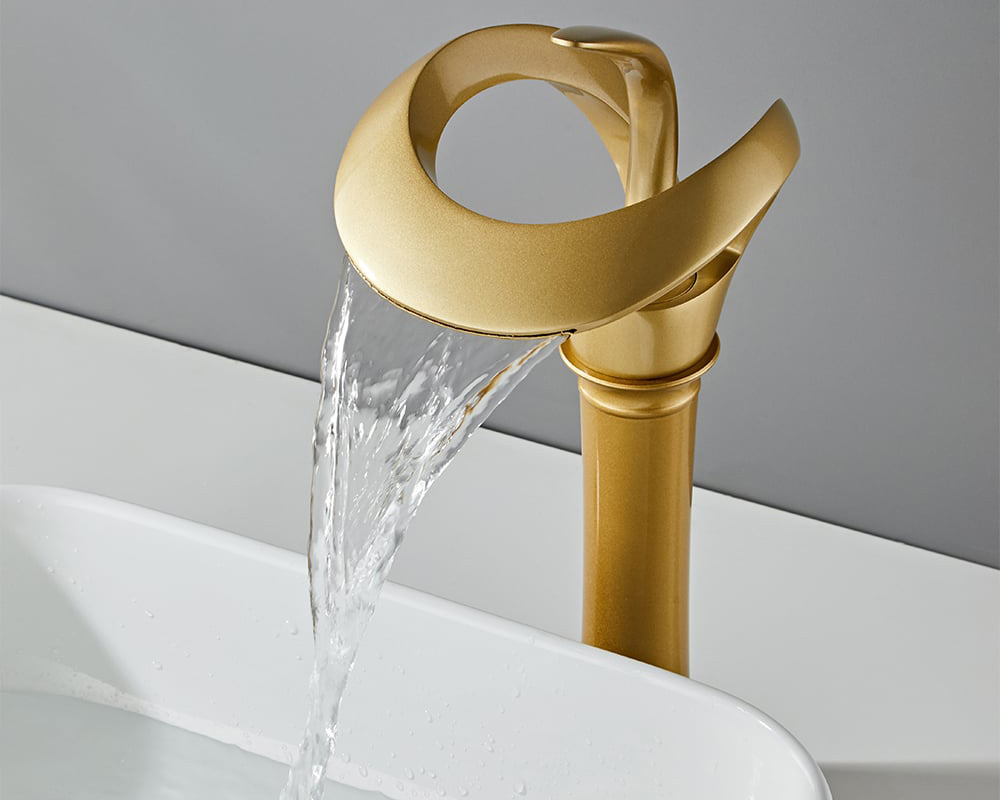 HMR Modern Elegant Waterfall Bathroom Vessel Sink Faucet Single Handle Solid Brass - Gold