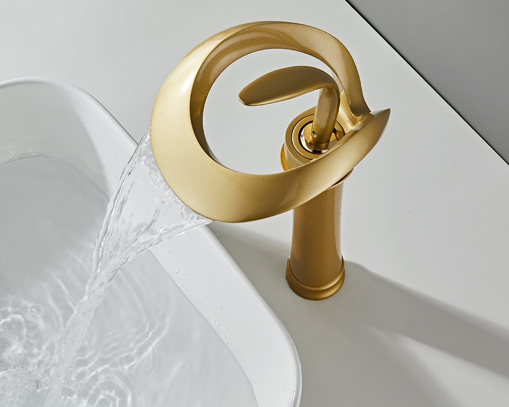 HMR Modern Elegant Waterfall Bathroom Vessel Sink Faucet Single Handle Solid Brass - Gold