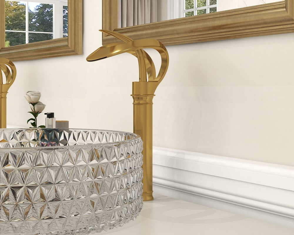 HMR Modern Elegant Waterfall Bathroom Vessel Sink Faucet Single Handle Solid Brass - Gold