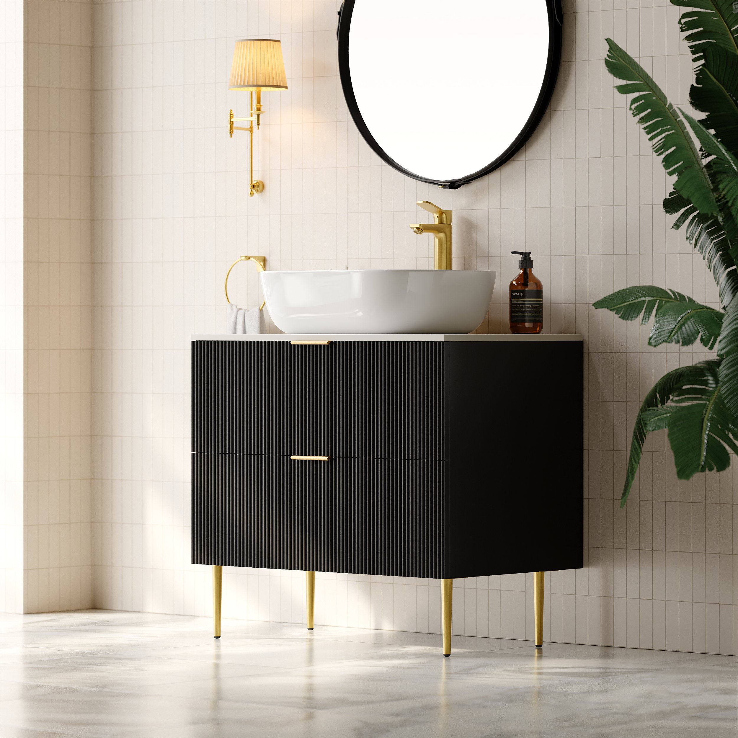 HMR - 31.5'' Black Single Fluted Bathroom Vanity with Vessel Sink and 2 Drawers