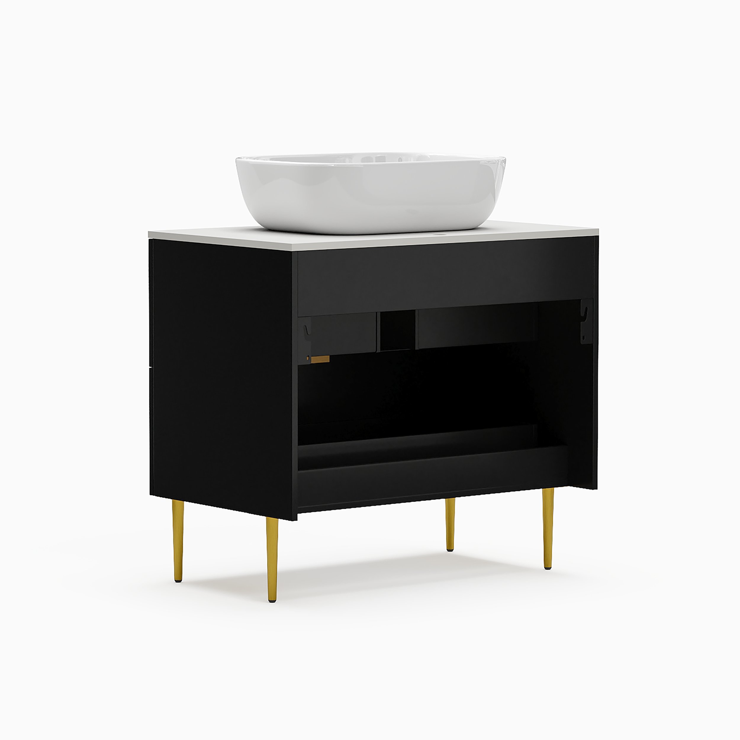 HMR - 31.5'' Black Single Fluted Bathroom Vanity with Vessel Sink and 2 Drawers