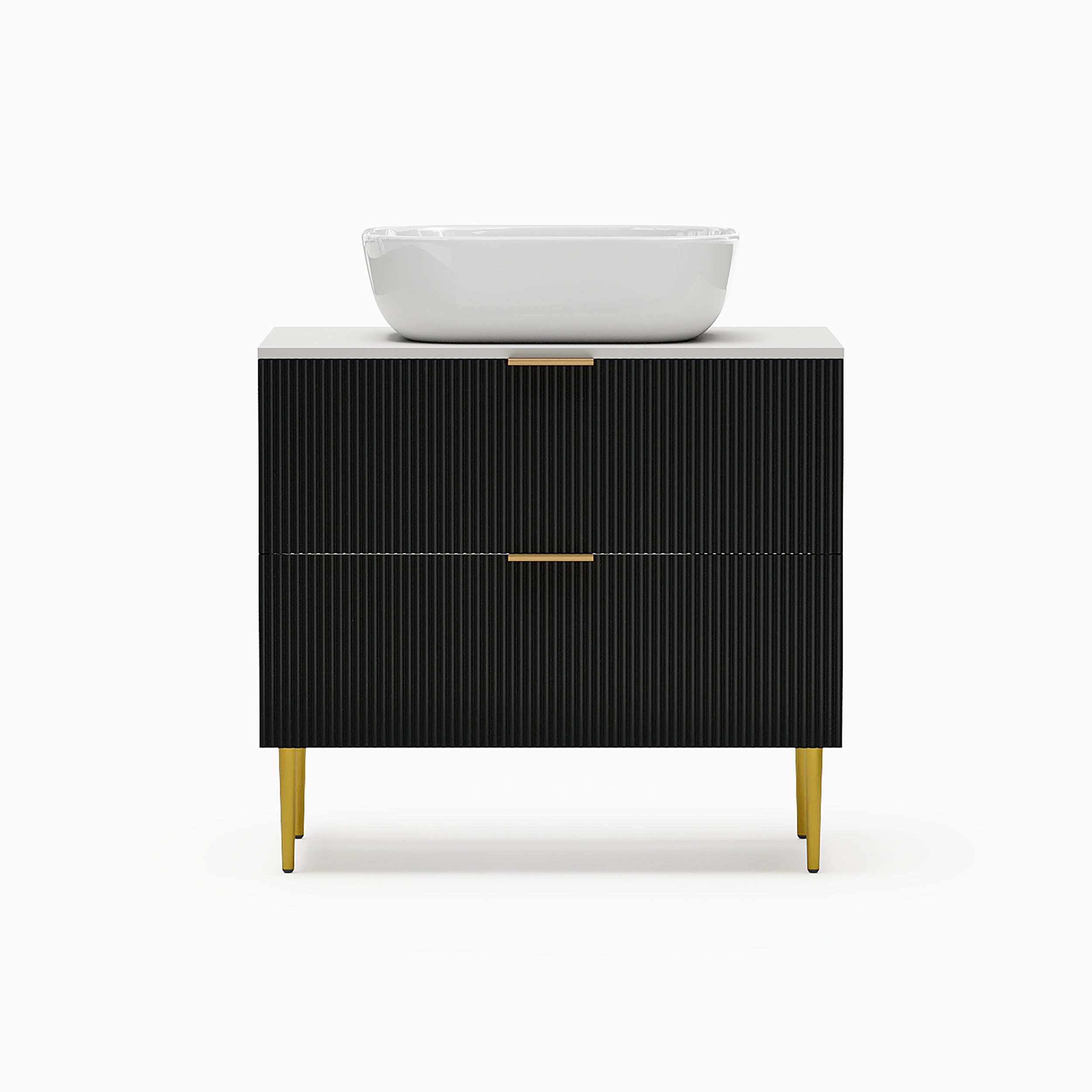 HMR - 31.5'' Black Single Fluted Bathroom Vanity with Vessel Sink and 2 Drawers
