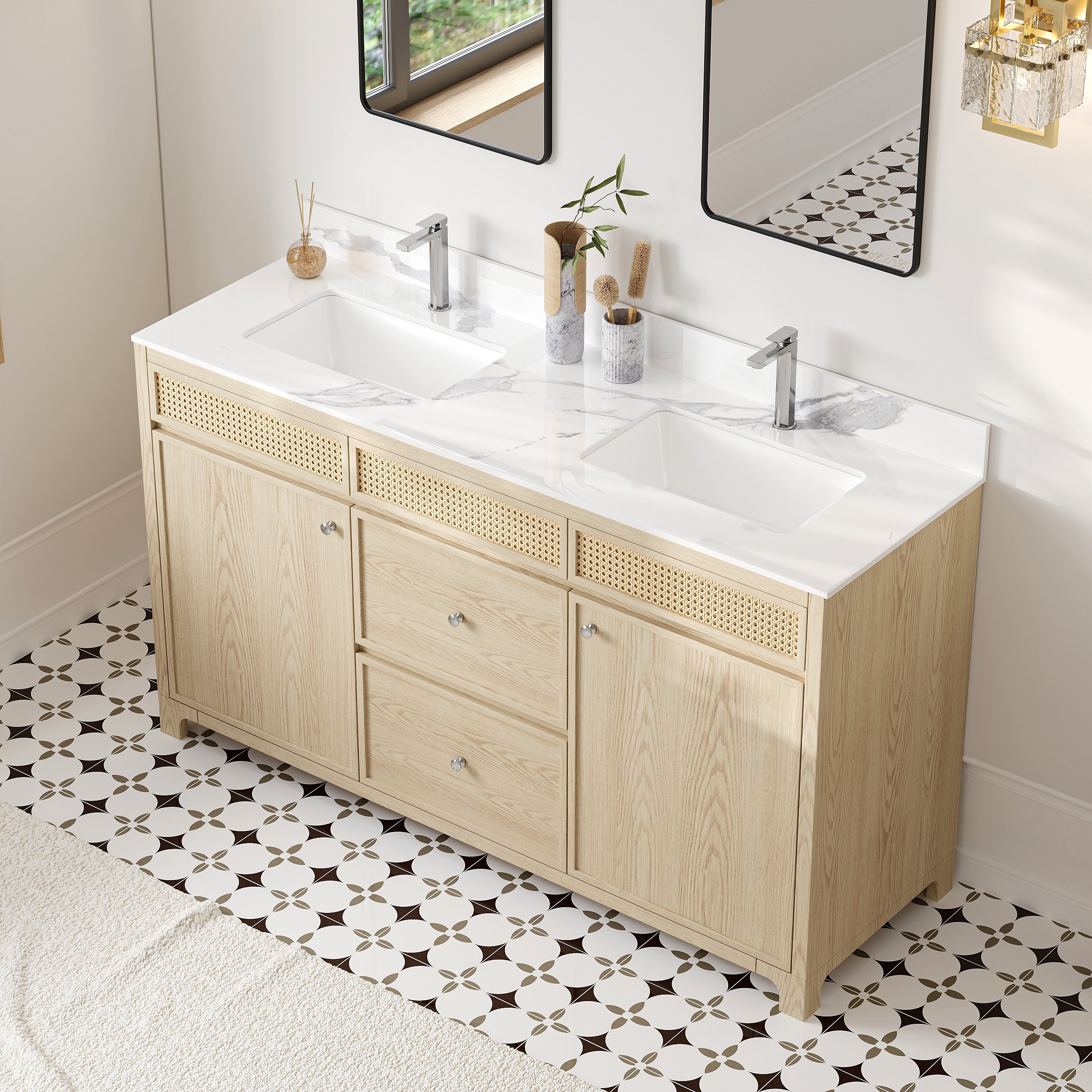 HMR - Bathroom Vanity Set 61" Freestanding Stone Bathroom Vanity Natural with Double Sinks
