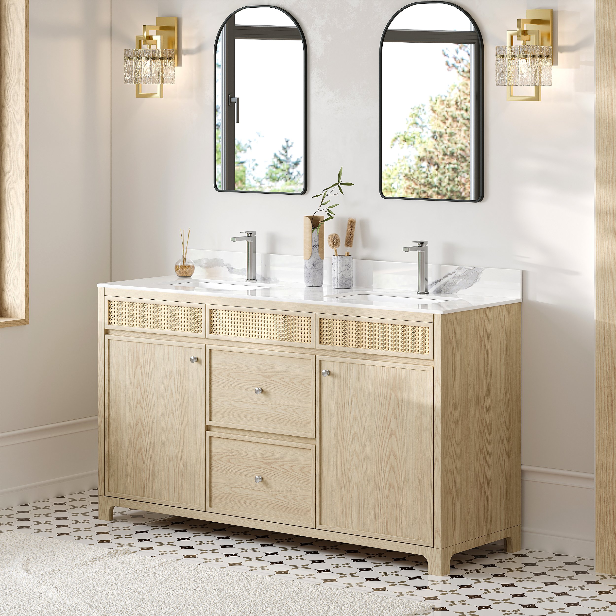 HMR - Bathroom Vanity Set 61" Freestanding Stone Bathroom Vanity Natural with Double Sinks