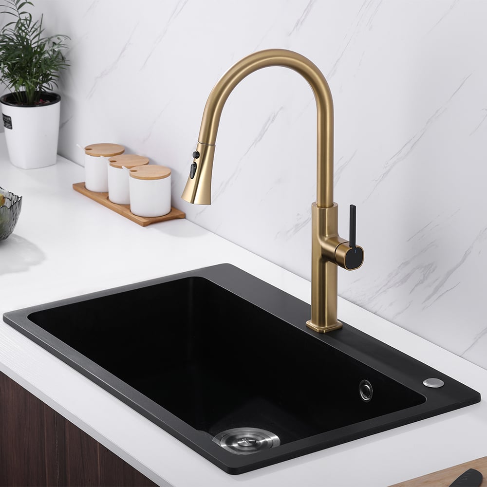 HMR - Gold Single Hole High Arc Kitchen Faucet Pull-Down 3-Mode Spray