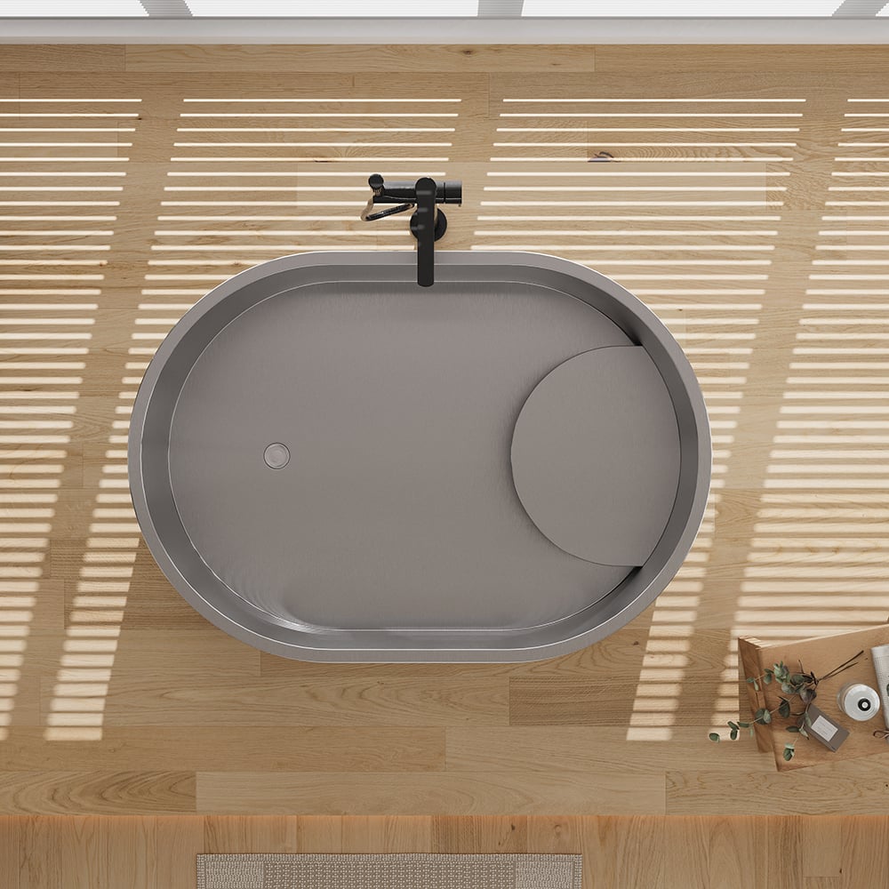 HMR - 48" Japanese Oval Freestanding Stainless Steel Soaking Bathtub 52.83-Gallon Capacity