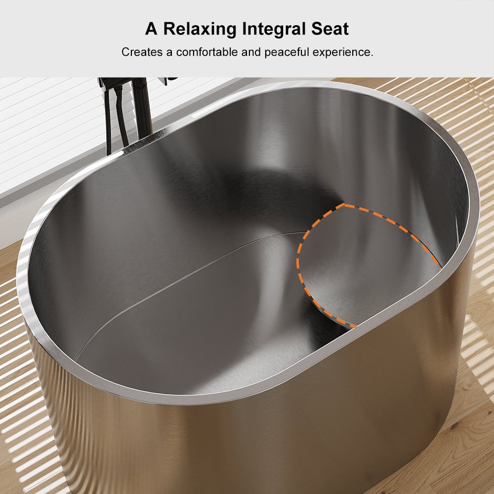 HMR - 48" Japanese Oval Freestanding Stainless Steel Soaking Bathtub 52.83-Gallon Capacity