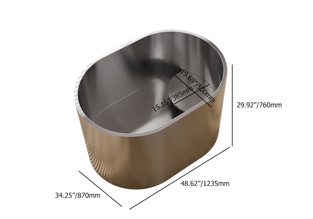 HMR - 48" Japanese Oval Freestanding Stainless Steel Soaking Bathtub 52.83-Gallon Capacity