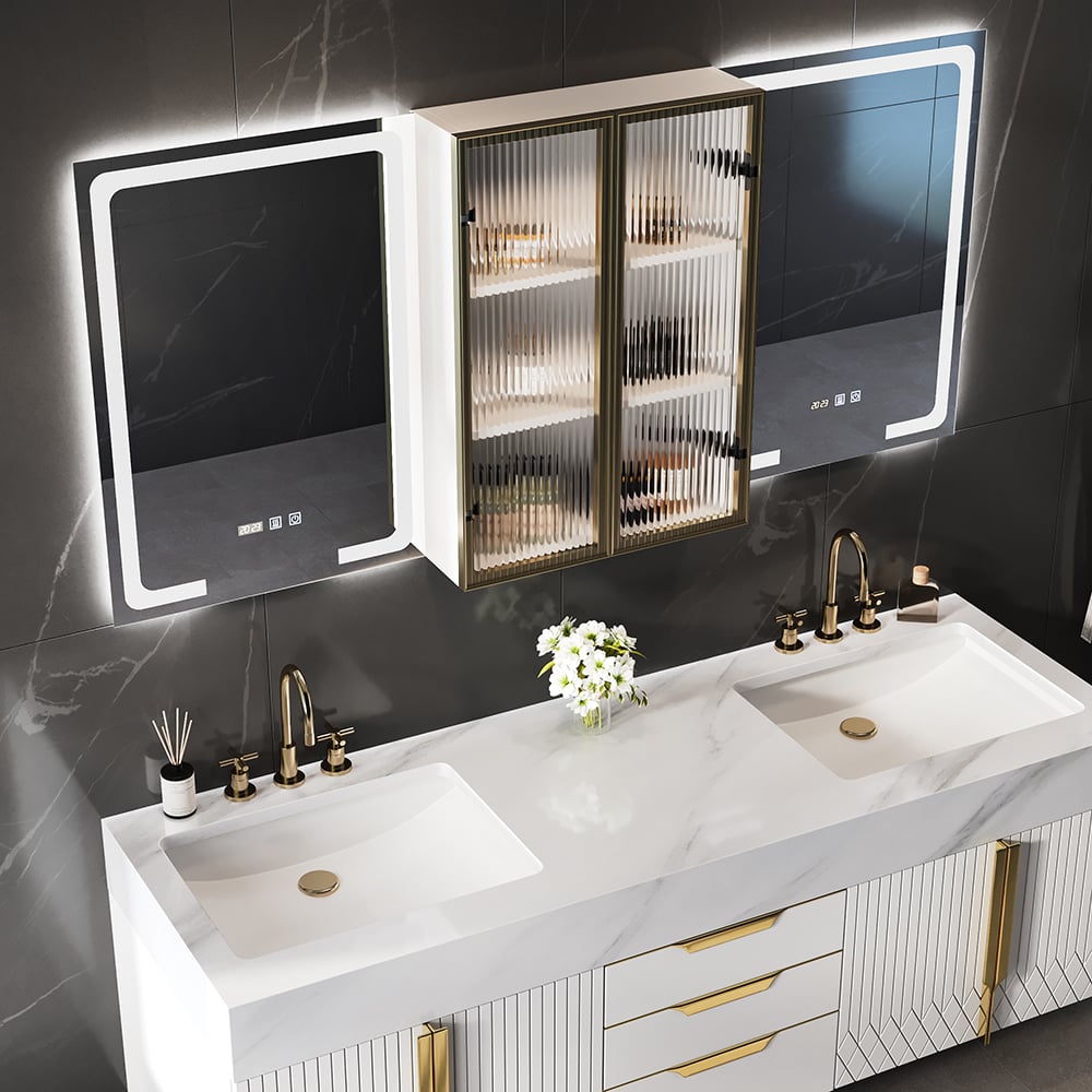 HMR - 59" LED Lighted Medicine Cabinet Wooden Wall-mounted Bathroom Mirror with Doors