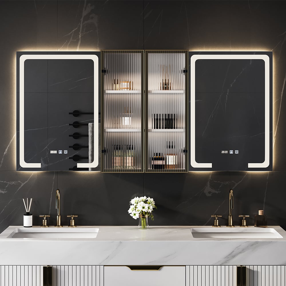 HMR - 59" LED Lighted Medicine Cabinet Wooden Wall-mounted Bathroom Mirror with Doors