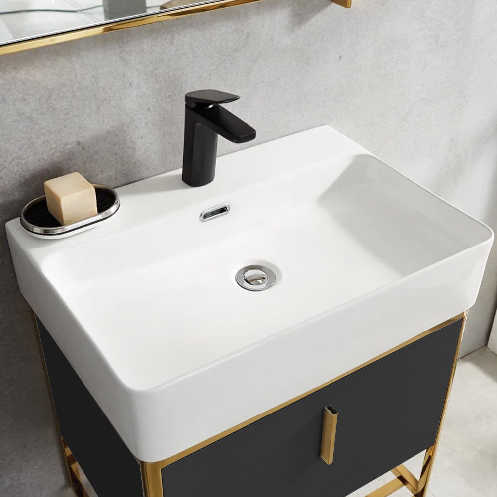 HMR 23.6" Modern Floating Bathroom Vanity with Drawer Shelf Single Ceramic Sink Small - Black & Gold