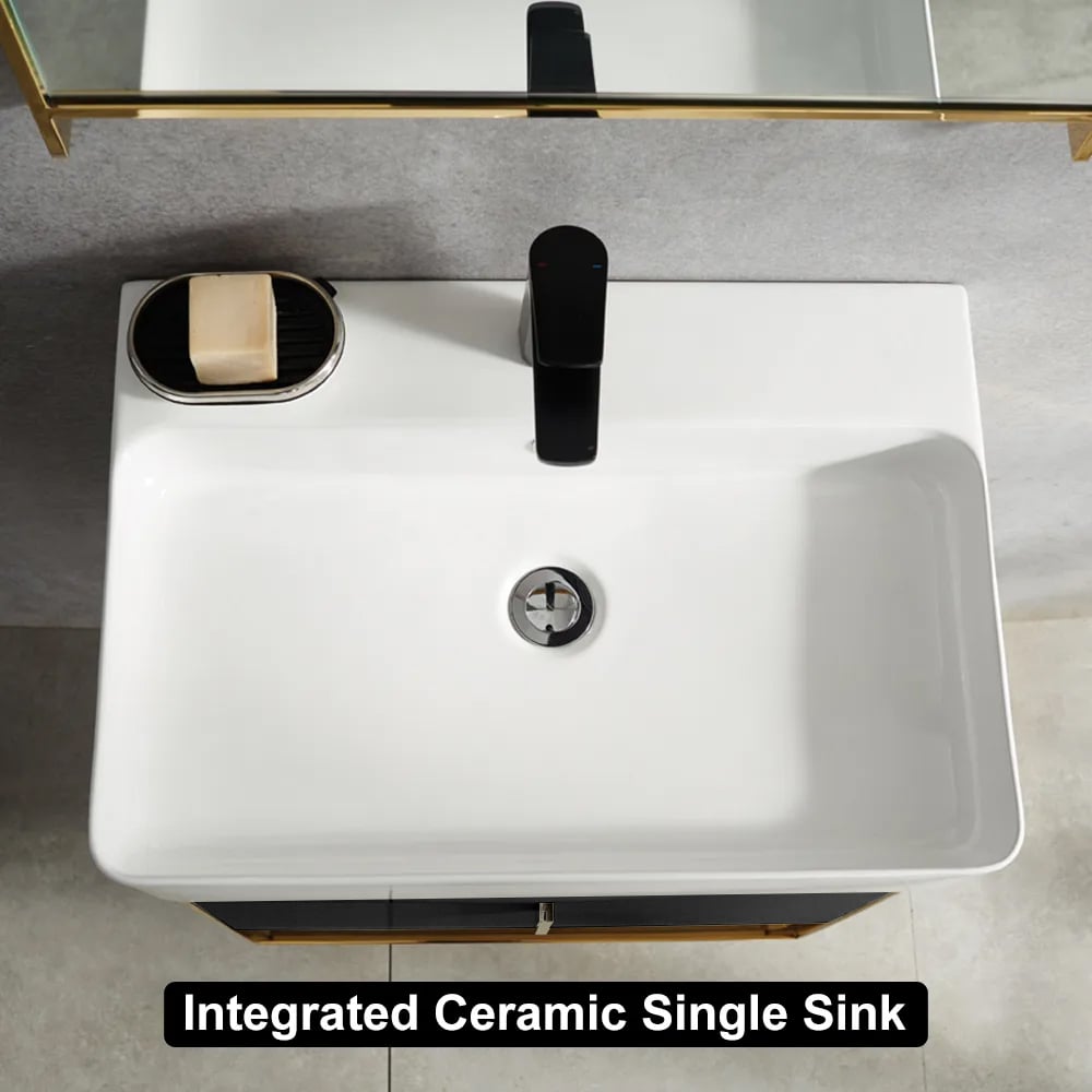 HMR 23.6" Modern Floating Bathroom Vanity with Drawer Shelf Single Ceramic Sink Small - Black & Gold