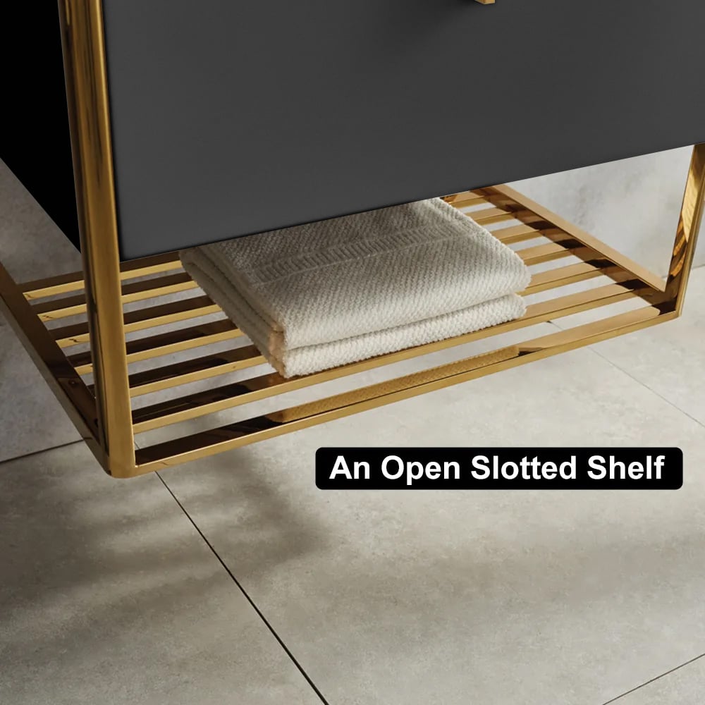 HMR 23.6" Modern Floating Bathroom Vanity with Drawer Shelf Single Ceramic Sink Small - Black & Gold