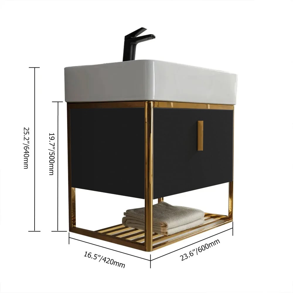HMR 23.6" Modern Floating Bathroom Vanity with Drawer Shelf Single Ceramic Sink Small - Black & Gold
