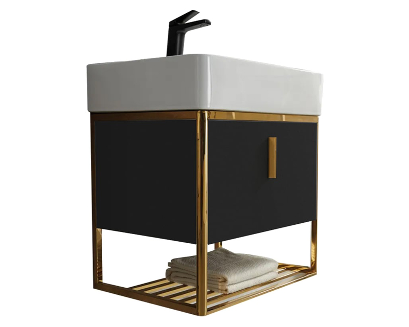 HMR 23.6" Modern Floating Bathroom Vanity with Drawer Shelf Single Ceramic Sink Small - Black & Gold