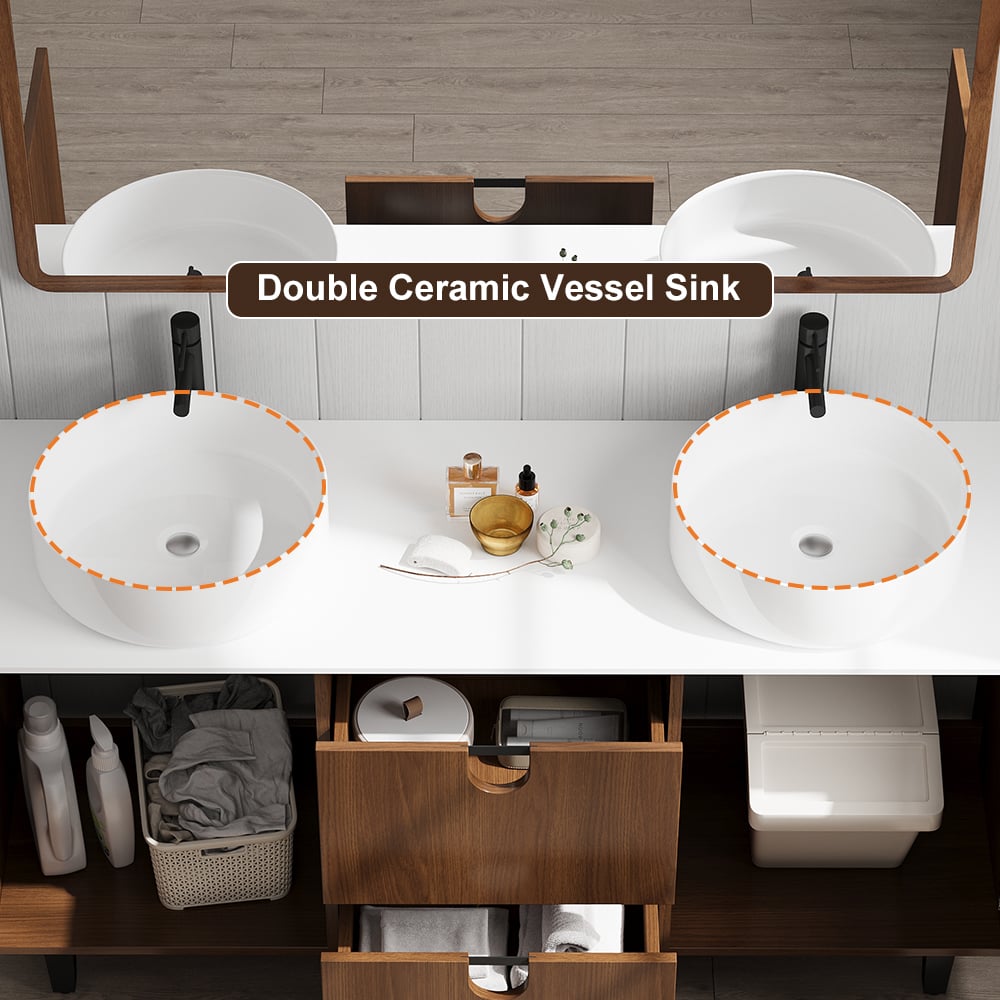 HMR - 59" Teak Wood Freestanding Double Bathroom Vanity with Top Vessel Sink