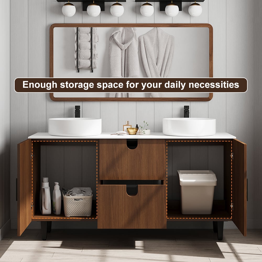 HMR - 59" Teak Wood Freestanding Double Bathroom Vanity with Top Vessel Sink