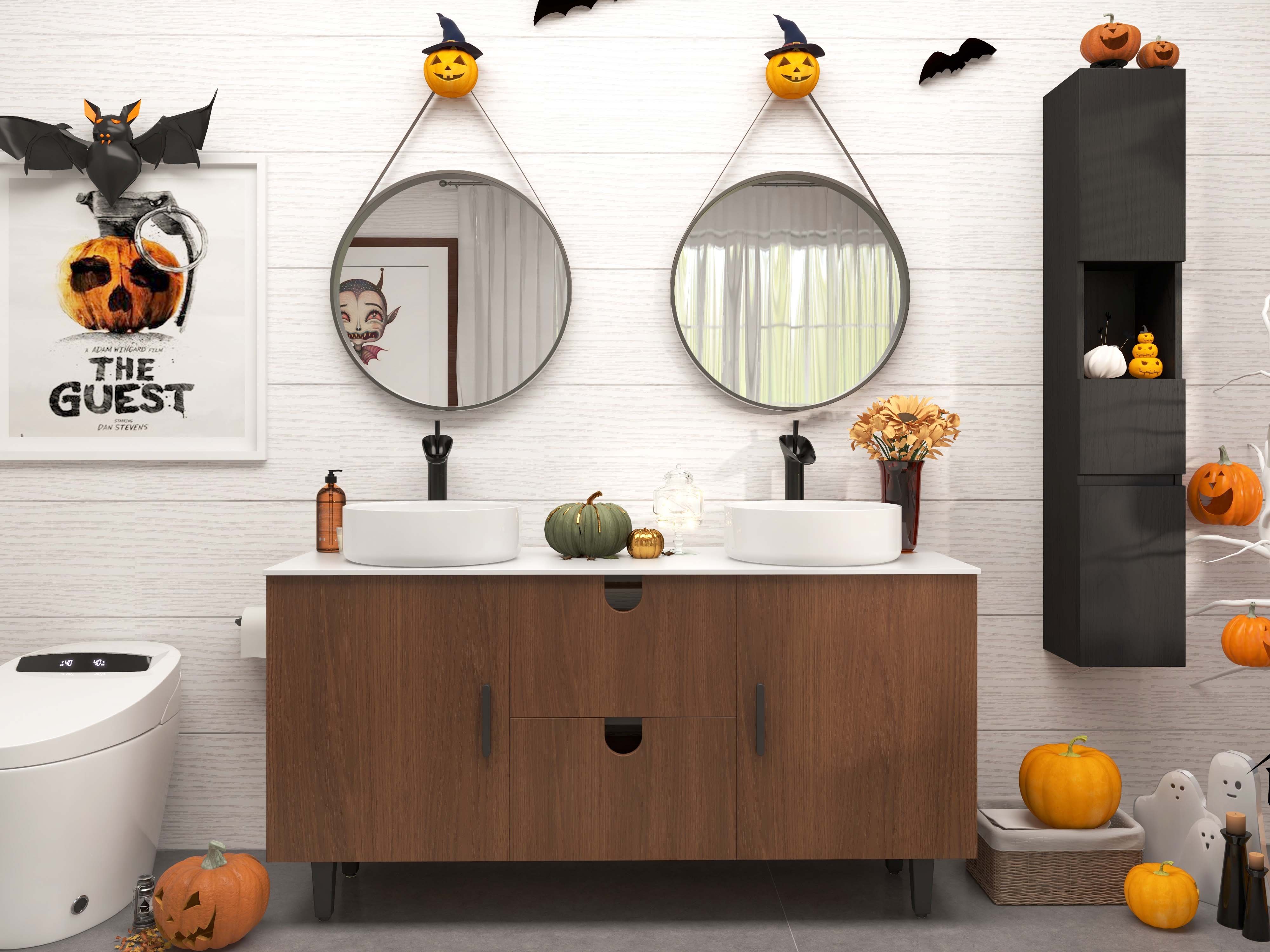 HMR - 59" Teak Wood Freestanding Double Bathroom Vanity with Top Vessel Sink