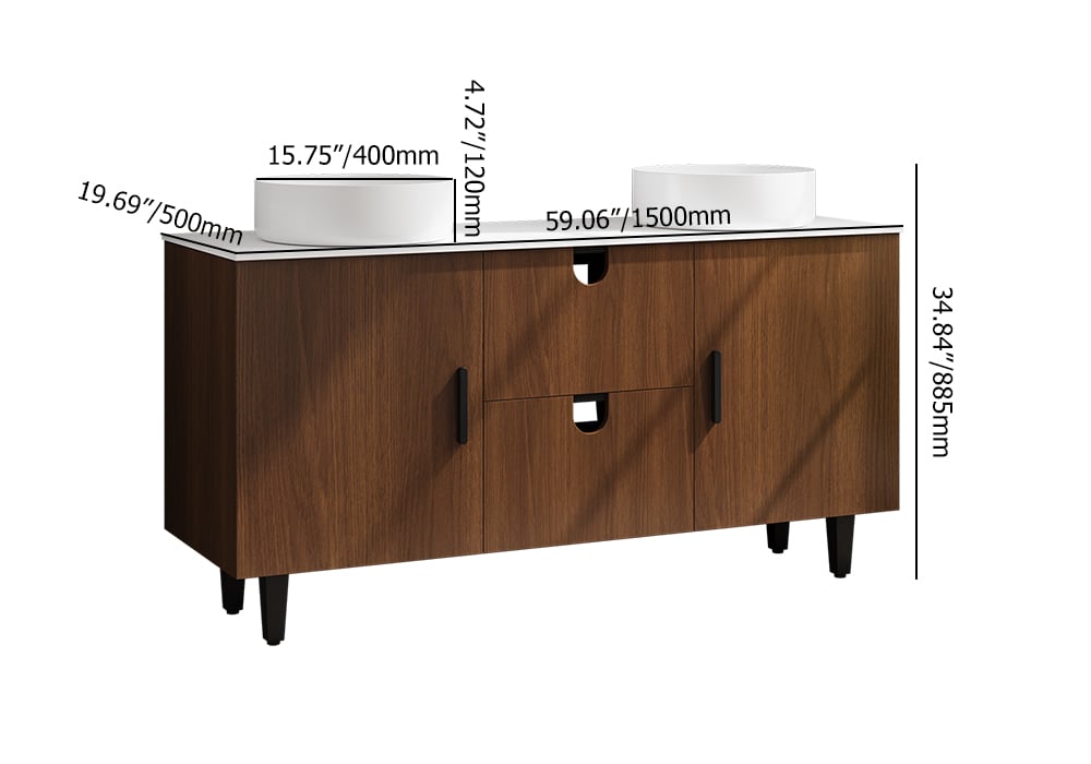 HMR - 59" Teak Wood Freestanding Double Bathroom Vanity with Top Vessel Sink
