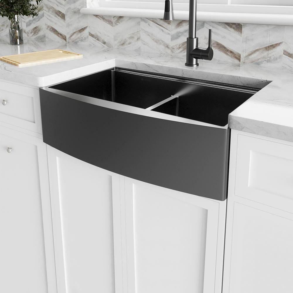 HMR - 36" Stainless Steel Farmhouse Apron-Front Kitchen Sink with Double Bowls Gunmetal Black
