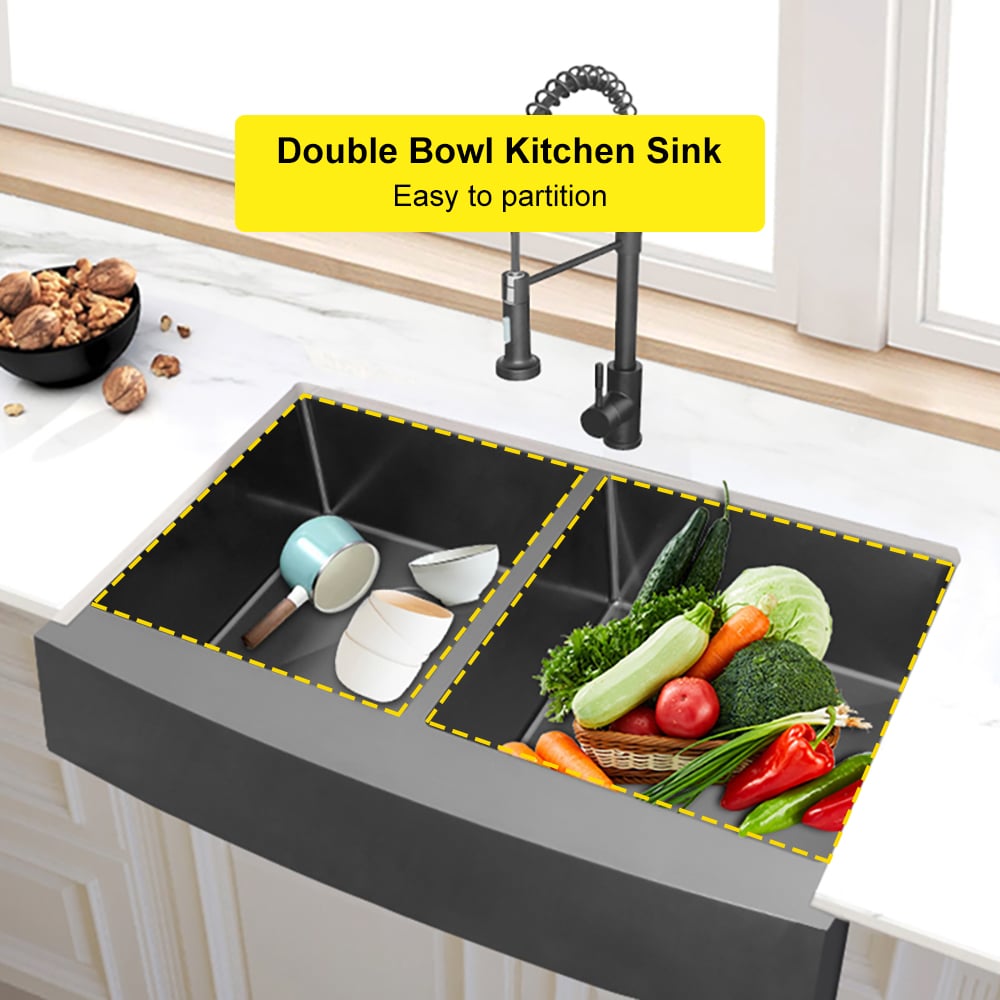 HMR - 36" Stainless Steel Farmhouse Apron-Front Kitchen Sink with Double Bowls Gunmetal Black