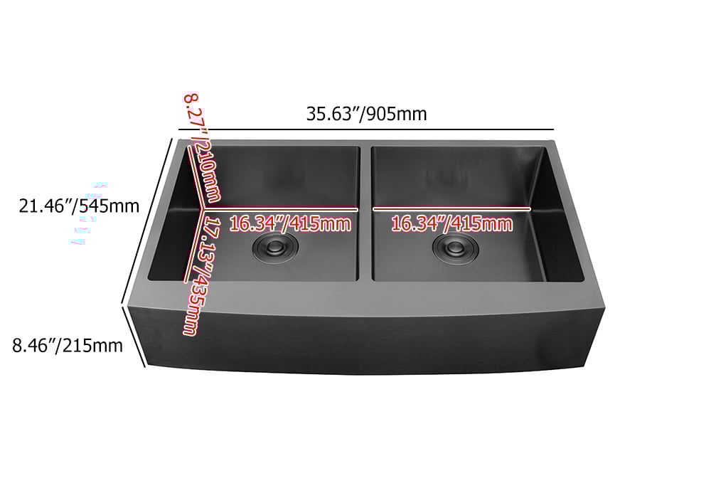 HMR - 36" Stainless Steel Farmhouse Apron-Front Kitchen Sink with Double Bowls Gunmetal Black