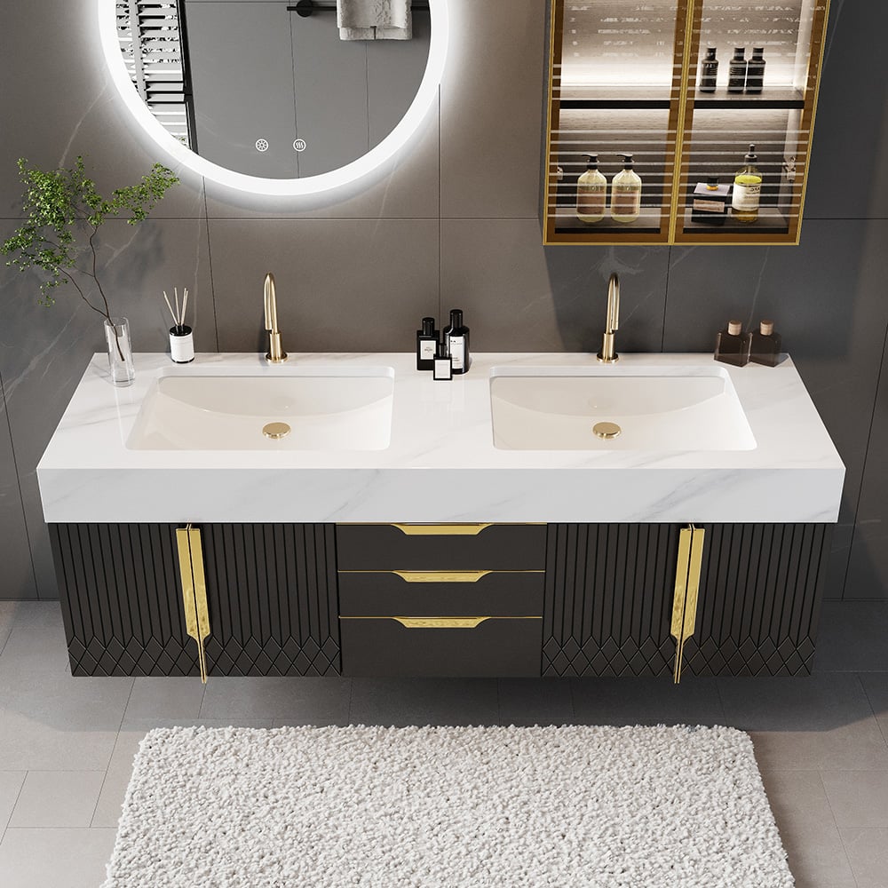 HMR - Aro Freestanding Single Sink Bathroom Vanity Drawers Doors Faux Marble Top