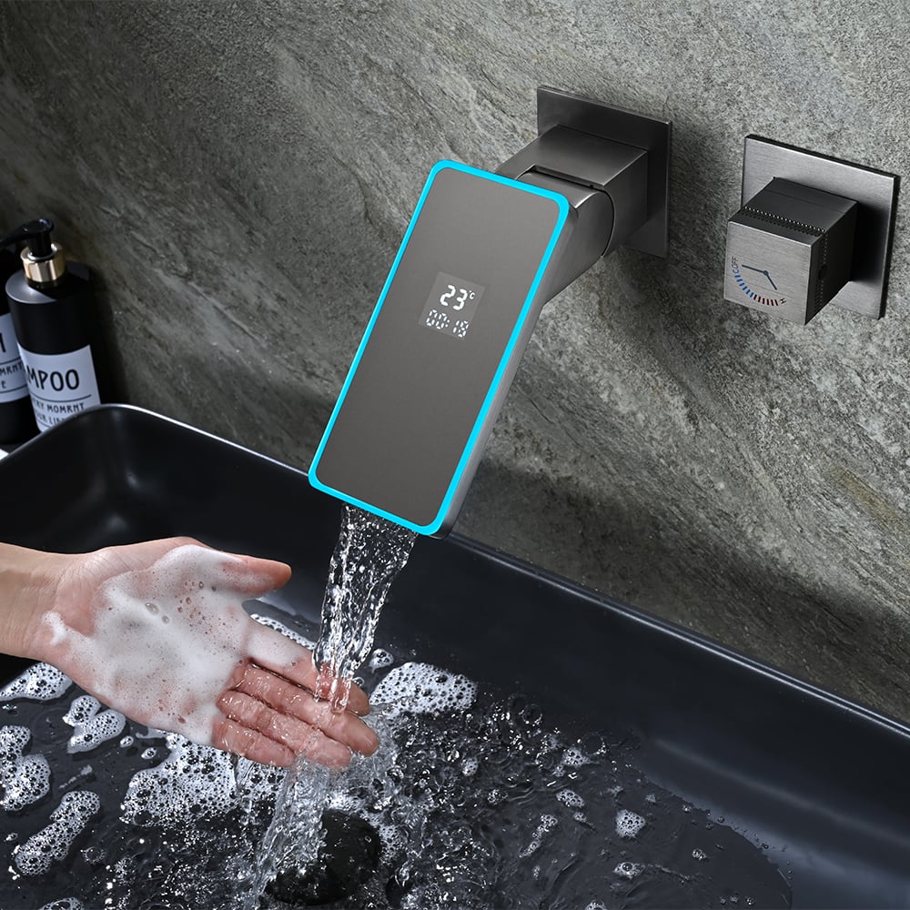 HMR - Led Digital Temperature Display Bathroom Rotating Faucet in Dark Gray