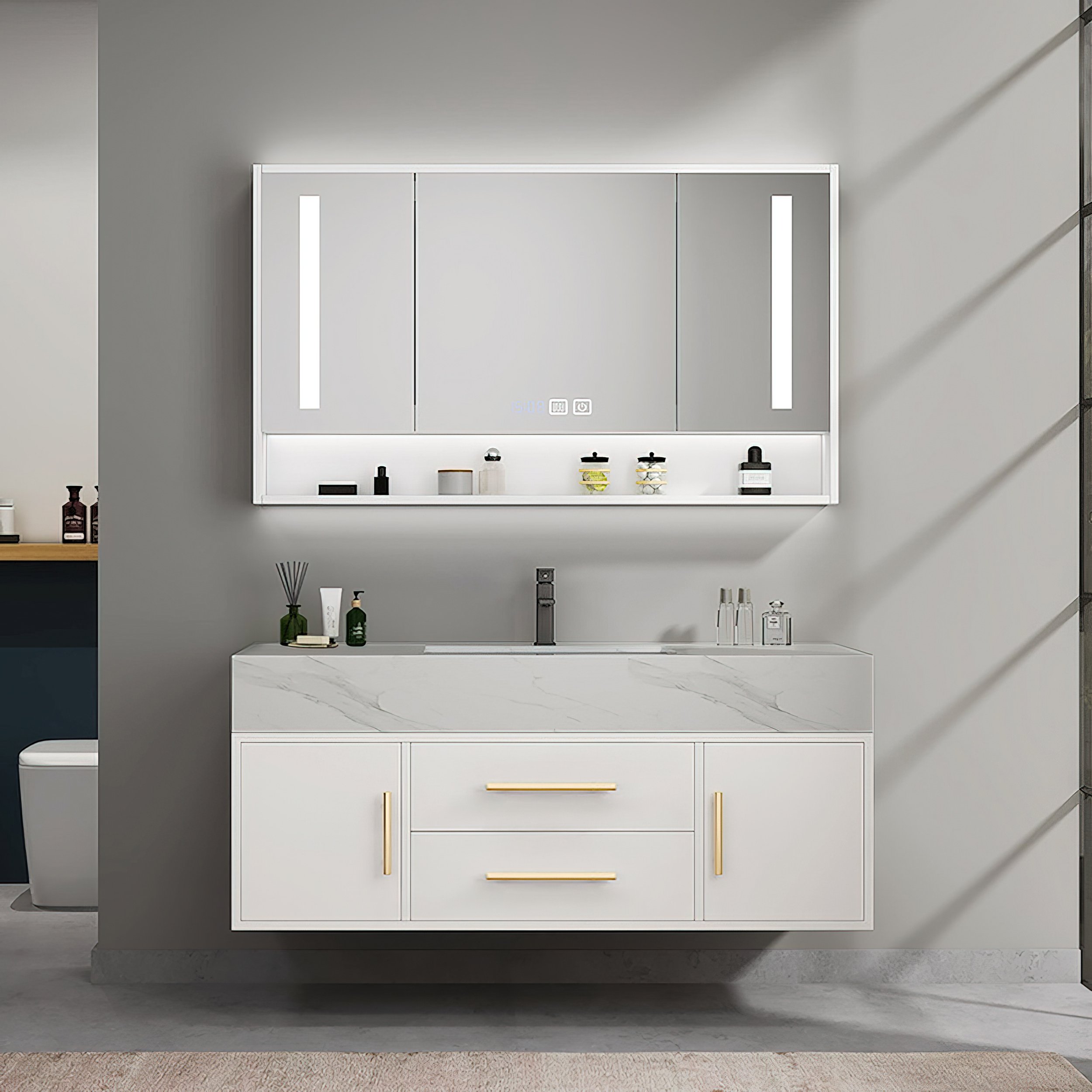 HMR 39" Modern Floating Stone Top Bathroom Vanity Set with Sink - White/Gold, Wall Mounted