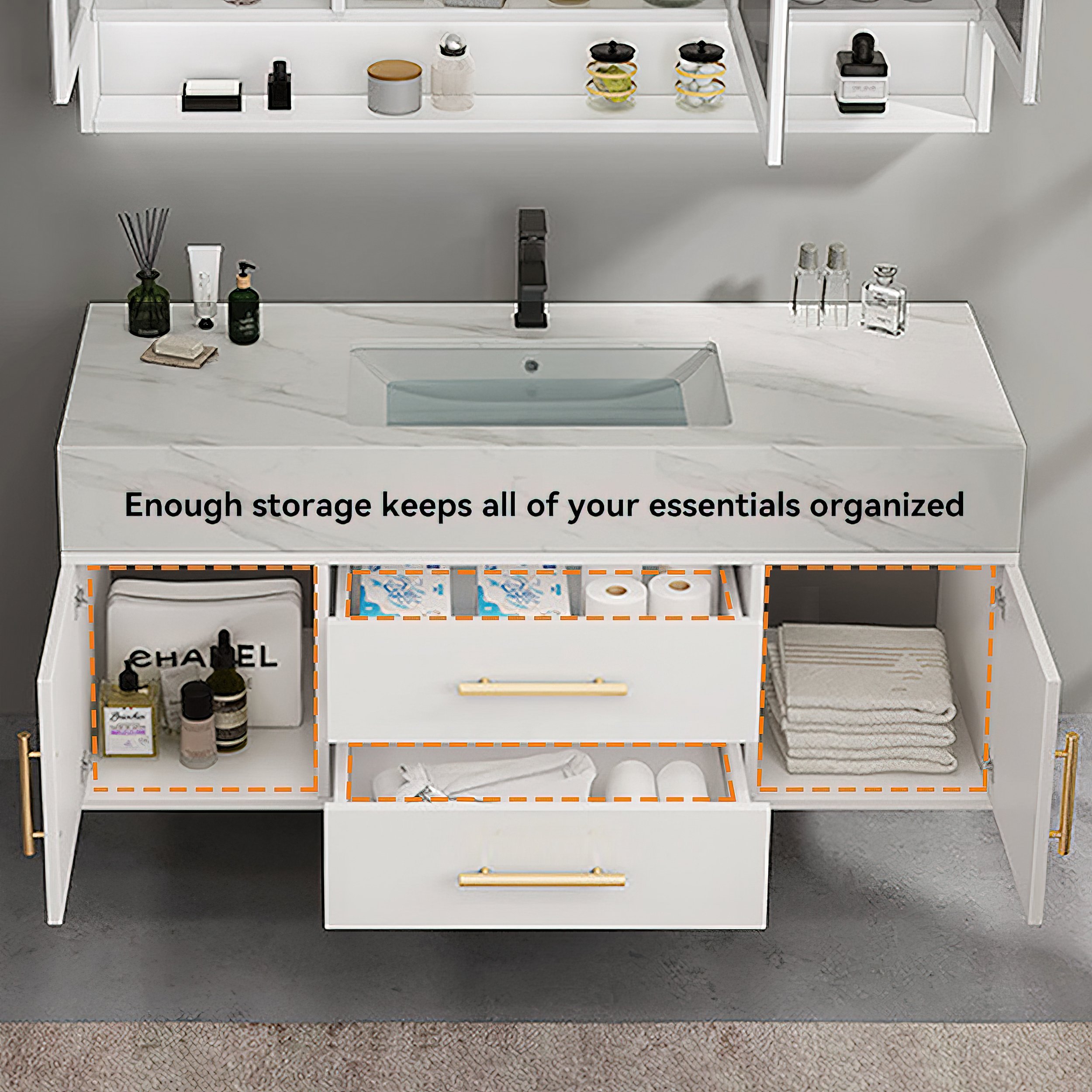 HMR 39" Modern Floating Stone Top Bathroom Vanity Set with Sink - White/Gold, Wall Mounted