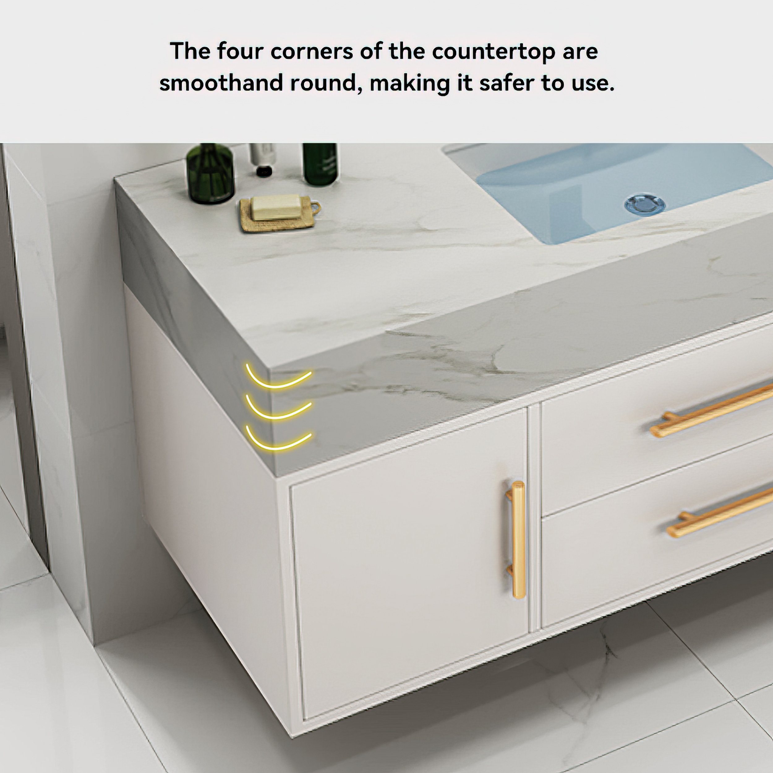 HMR 39" Modern Floating Stone Top Bathroom Vanity Set with Sink - White/Gold, Wall Mounted
