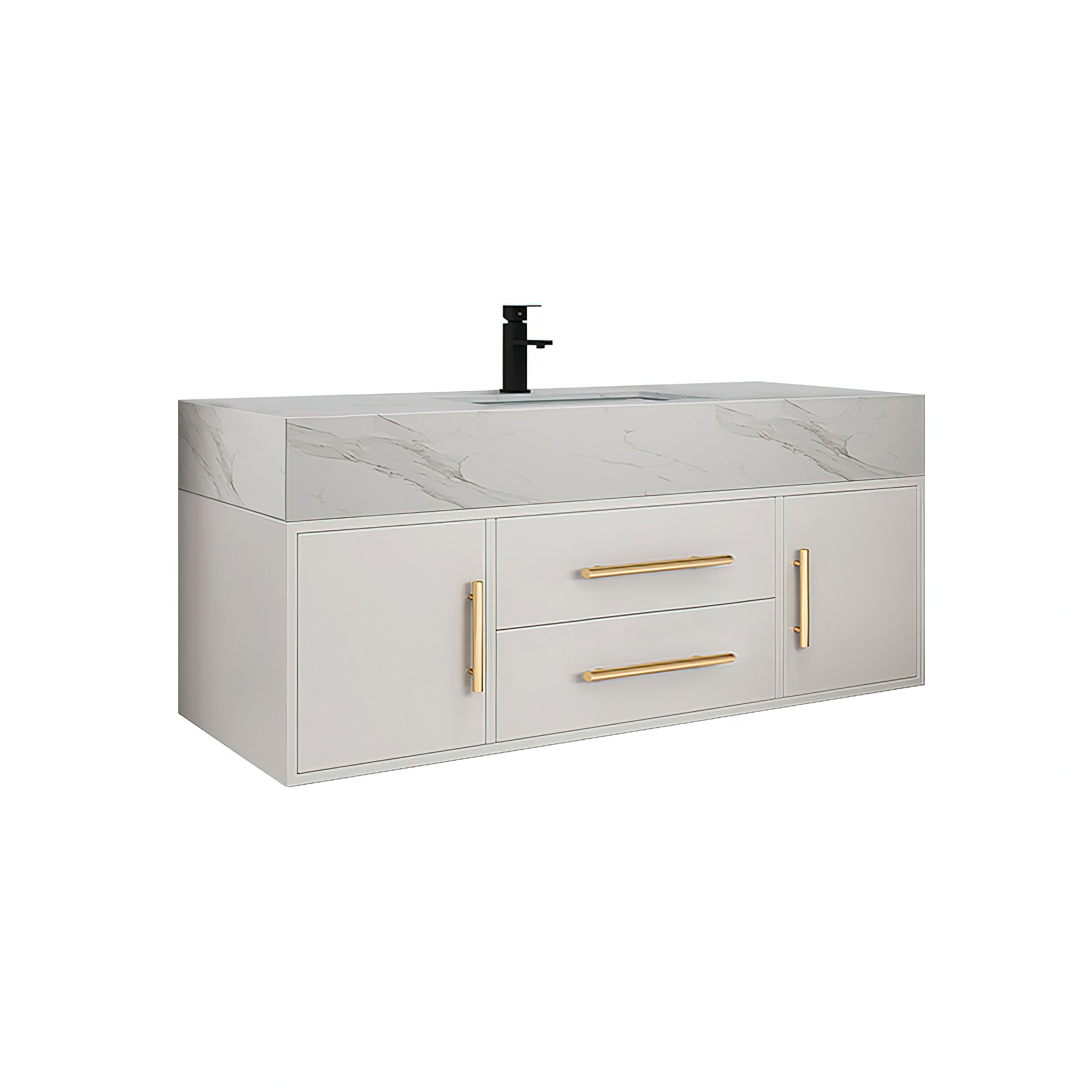 HMR 39" Modern Floating Stone Top Bathroom Vanity Set with Sink - White/Gold, Wall Mounted