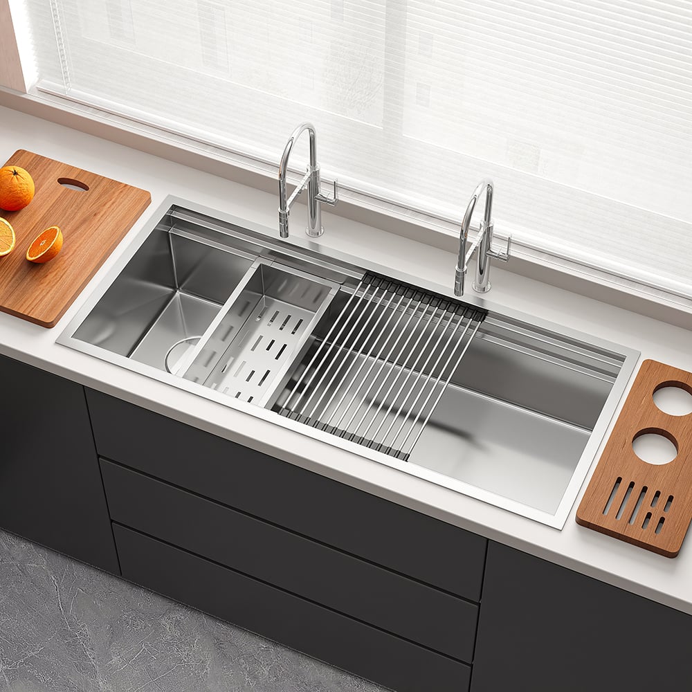 HMR - 43'' Stainless Steel 7 Pcs Kitchen Sink Rectangular Drop-in Single Bowl in Brushed